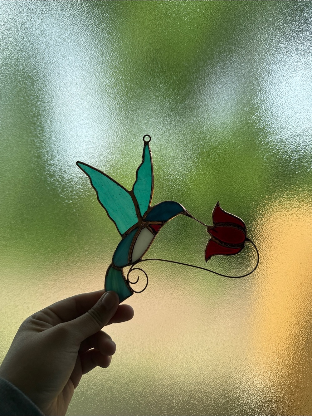 Handcrafted Stained Glass Hummingbird Suncatcher - Turquoise & Red